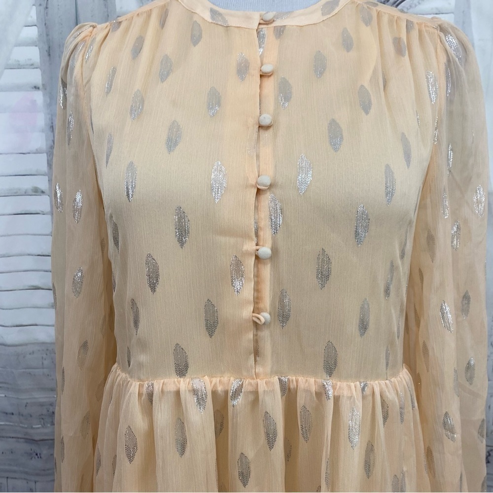 A Loves A Size Small Peach Silver Half Button Babydoll Mini Dress Long Sleeve - Picture 3 of 16